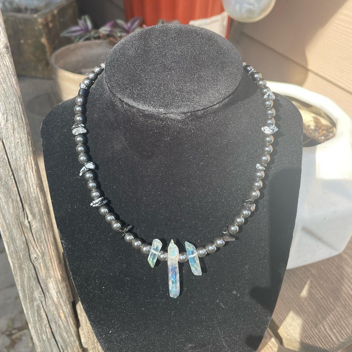 HEMATITE, SNOWFLAKE OBSIDIAN & QUARTZ - NECKLACE